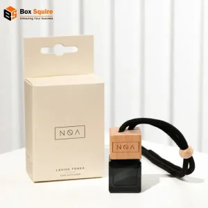 Custom printed car diffuser box with hang tab from Box Squire for retail and product protection.