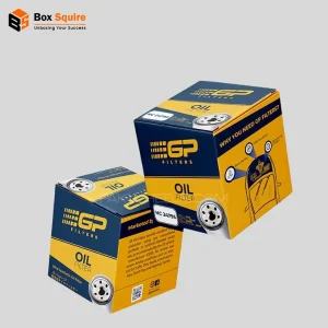 Custom printed Auto Bottom Tuck Top oil filter boxes from Box Squire for automotive parts packaging and retail display.