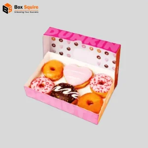 Custom printed two piece pink donut boxes by Box Squire, featuring vibrant branding for bakeries and shops.