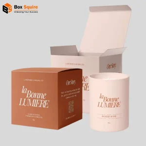 Box Squire's custom printed candle auto bottom tuck top box with a window, showcasing a luxury scented candle inside.