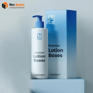 Custom printed lotion tuck boxes from Box Squire, featuring a matte white finish and elegant gold foil branding.