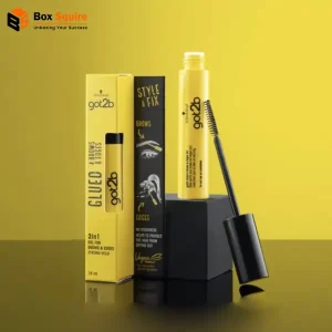 Custom printed mascara tuck boxes with logo by Box Squire, featuring a luxury finish and secure structure for cosmetic packaging.
