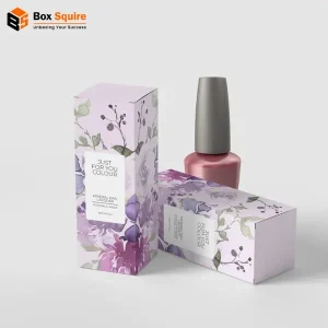 Custom printed nail polish boxes with glossy finish and vibrant branding, manufactured by Box Squire.
