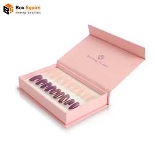 Custom-printed press on nail magnetic closure rigid box with insert and a glossy finish, open to display nail sets, manufactured by Box Squire.