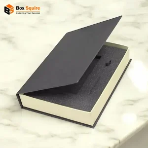 Custom Book Style Rigid Boxes with foam insert by Box Squire, featuring premium rigid stock and high-quality custom printing.