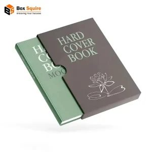 A rigid custom book slipcase box with tumb cut and a full-color printed design, manufactured by Box Squire.