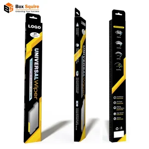 Custom printed wiper blade packaging with hang tab from Box Squire for automotive retail and protection.