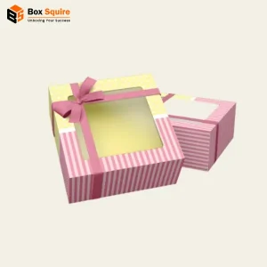 Custom printed bakery cardboard ribbon closure gift boxes from Box Squire for pastry packaging and baked goods presentation.
