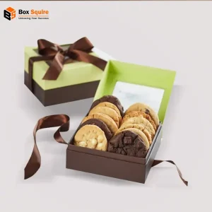Custom printed Ribbon closure rigid boxes with clear window from Box Squire for bakery packaging and cookie presentation.