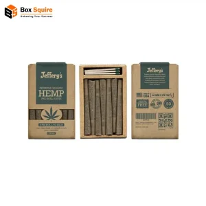 Custom-printed cardboard CBD pre roll packaging box with magnetic closure, holding six pre roll tubes, on a white background.