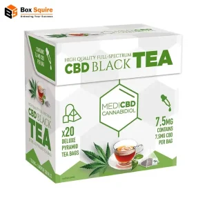 Custom printed CBD tea auto bottom tuck top boxes with natural design by Box Squire, featuring an open box showing product.