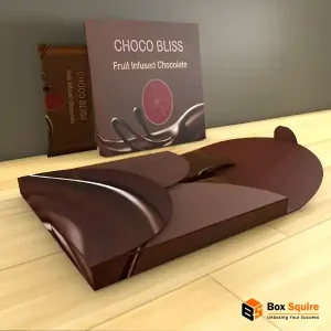 Custom-printed chocolate envelope packaging box with a viewing window, manufactured by Box Squire
