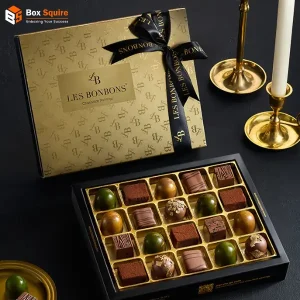 Box Squire custom printed luxury chocolate two piece rigid boxes with gold foil stamping on premium cardboard