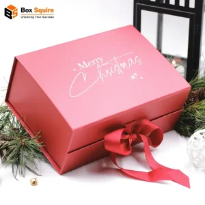 Box Squire custom printed Christmas present boxes with red and gold foil holiday design