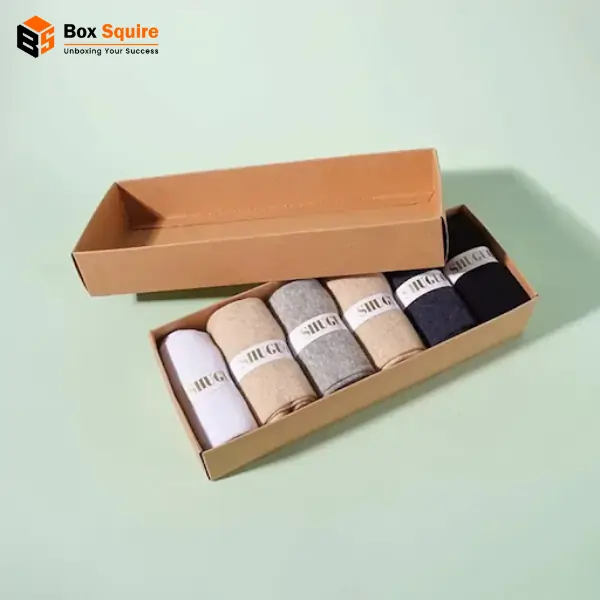 Example of a sustainable and eco-friendly, custom-sized two piece box for socks manufactured by Box Squire.