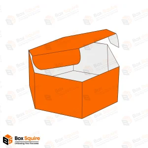 A custom hexagonal box manufactured by Box Squire, showcasing a unique six-sided structural design for distinctive product packaging.